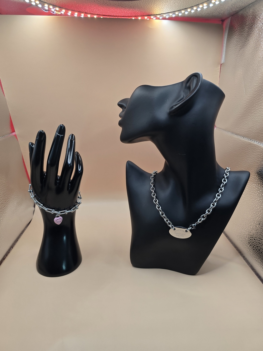 Tiffany & Co. Silver Chain Necklace with Pink Heart Charm Bracelet